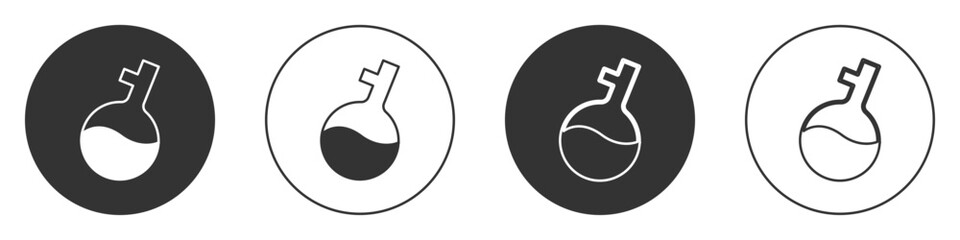 Black Test tube and flask chemical laboratory test icon isolated on white background. Laboratory glassware sign. Circle button. Vector