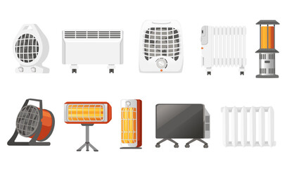 Fototapeta Set of domestic portable air heater with fan and ceramic heater element vector illustration isolated on white background obraz