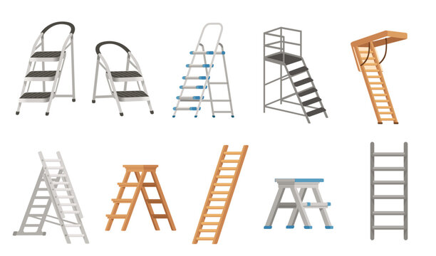 Set of steel and wooden folding portable ladder household equipment vector illustration isolated on white background