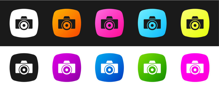 Set Photo camera icon isolated on black and white background. Foto camera. Digital photography. Vector