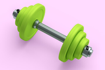 Metal dumbbell with green disks isolated on pink background