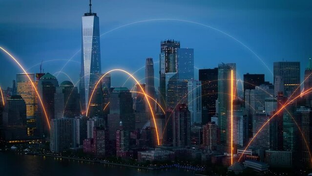 Smart and Futuristic Metropolis at Dusk. Orange Holographic Lines Connecting Manhattan. Arch Network Animation. Shot in 8K. Famous Skyscrapers in Downtown.