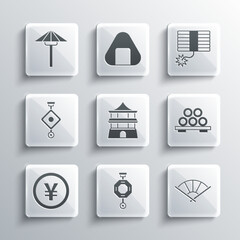 Set Chinese paper lantern, or japanese folding fan, Sushi on cutting board, house, Yuan currency, Japanese umbrella from the sun and Firework icon. Vector