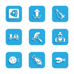 Set Served fish on a plate, Fish, Lobster or crab claw, Fisherman, hedgehog, Sushi cutting board, Fishing harpoon and head icon. Vector