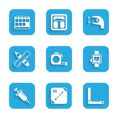 Set Roulette construction, Diagonal measuring, Corner ruler, Smart watch, Syringe, Crossed and pencil, Approximate measurements and Calendar icon. Vector