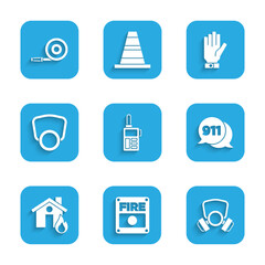 Set Walkie talkie, Fire alarm system, Gas mask, Telephone call 911, in burning house, Firefighter gloves and hose reel icon. Vector