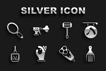 Set Medical rubber gloves, Barbershop with razor, Barrette, Electric blade, Dustpan, Shaving, Hand mirror and Hairdresser pistol spray bottle icon. Vector