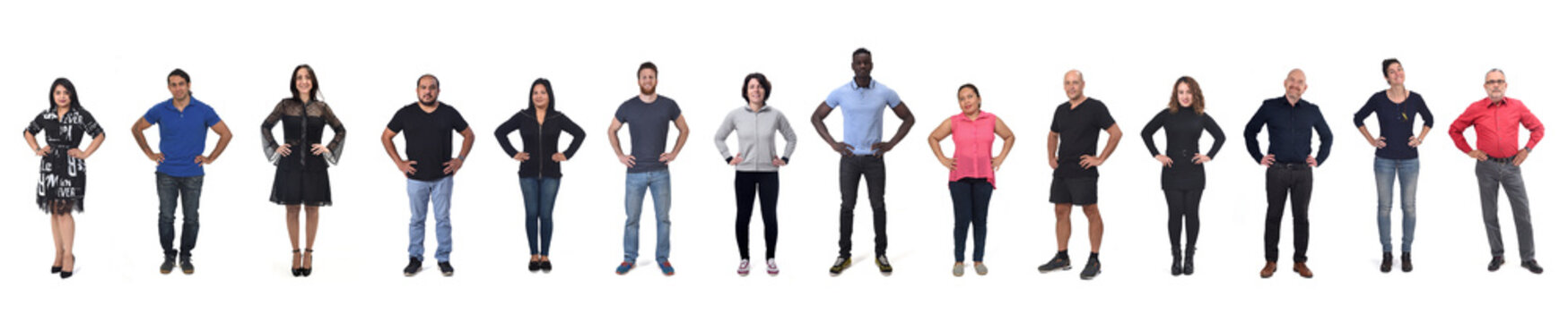 Line Of A Large Group Of Women And Men With Arms Akimbo On White Background