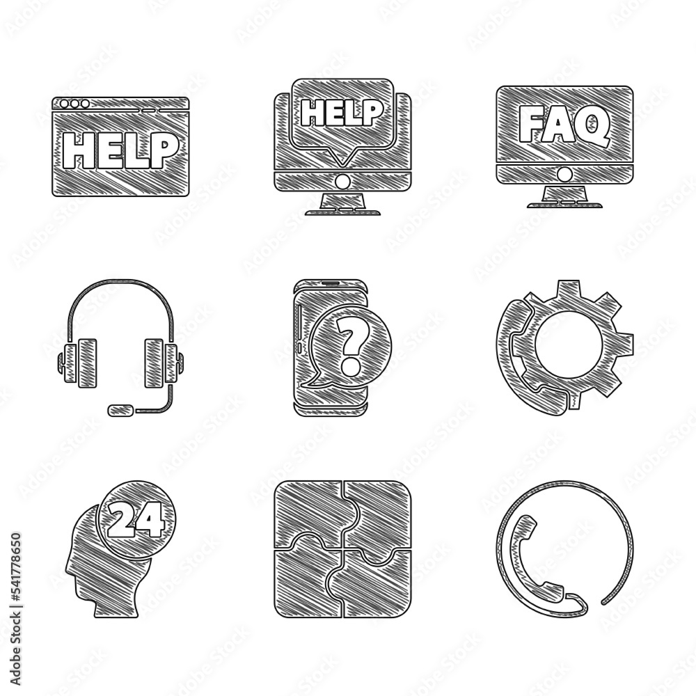 Poster set mobile phone with question, piece of puzzle, telephone 24 hours support, support operator in tou