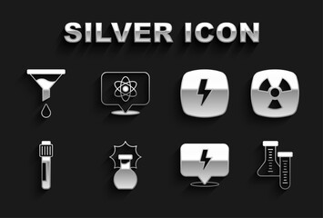 Set Explosion in the flask, Radioactive, Test tube, Lightning bolt, Funnel or filter and Atom icon. Vector