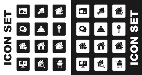 Set Location with house, Hotel service bell, Real estate message, Online real, House key, Realtor, and heart shape icon. Vector