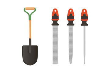 Set of shovel and rasp with handle vector illustration isolated on white background