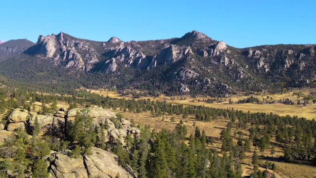 Sweeping view of Rocky Mountain National Park mountain ranges from Estes Park in fall after sunrise