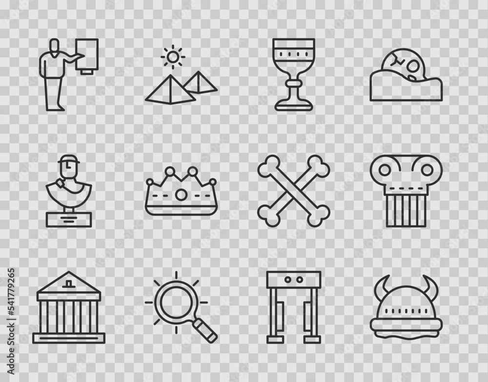 Canvas Prints Set line Museum building, Viking horned helmet, Medieval goblet, Magnifying glass, guide, King crown, Metal detector and Ancient column icon. Vector