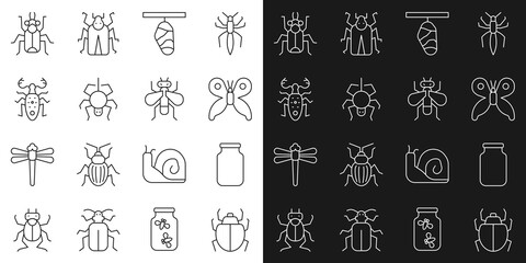 Set line Mite, Glass jar, Butterfly, cocoon, Spider, Beetle deer, bug and Insect icon. Vector