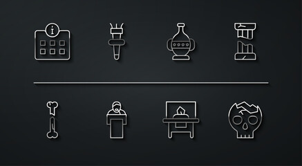 Fototapeta premium Set line Information, Human broken bone, Broken ancient column, Glass showcase exhibit, Gives lecture, Torch flame, human skull and Ancient amphorae icon. Vector