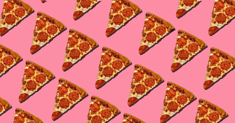 Pattern of pizza slices on a pink background. Background of pizza slices