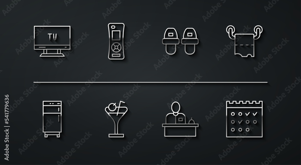 Sticker Set line Smart Tv, Refrigerator, Toilet paper roll, Hotel reception desk, Martini glass, Remote control, booking calendar and slippers icon. Vector