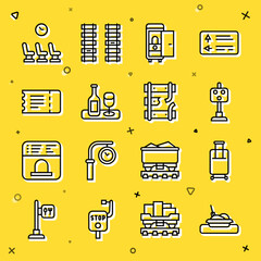 Set line Plate with food, Suitcase, Train traffic light, Toilet the train car, Wine bottle glass, ticket, Waiting room and Broken rails on railway icon. Vector