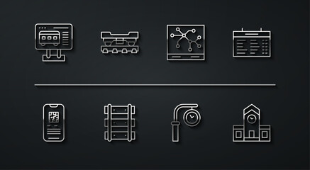 Set line Ticket office to buy tickets, E-ticket train, Train station board, clock, Railway, railroad track, Cargo wagon, and map icon. Vector