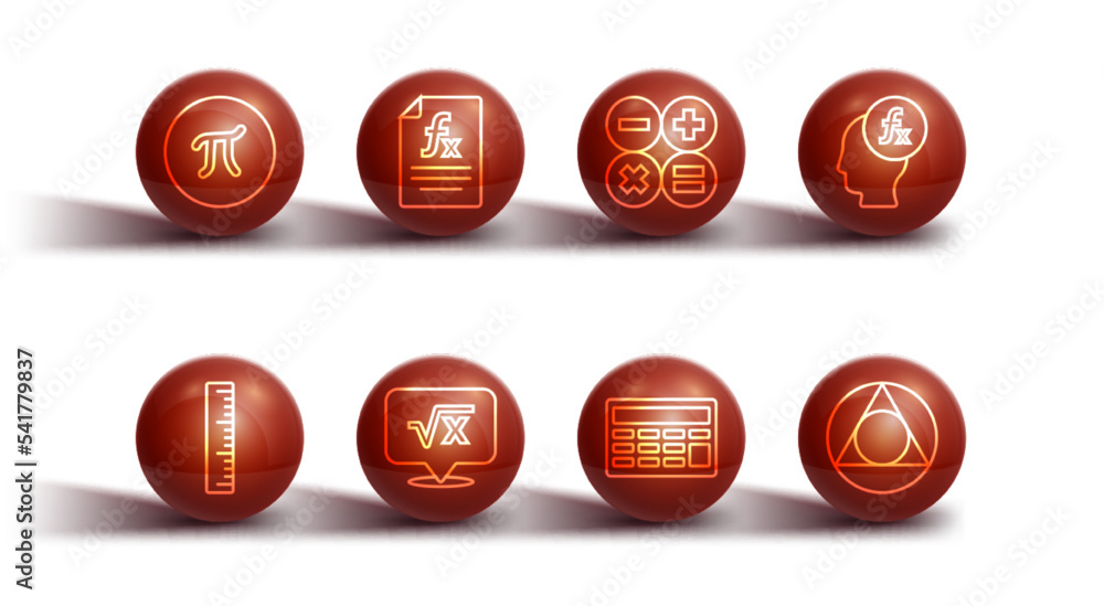 Poster set line pi symbol, ruler, function mathematical, calculator, square root of x glyph, triangle and i