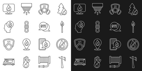 Set line Firefighter axe, No fire, Burning match with, Gas mask, Climber rope, Location flame and Telephone call 911 icon. Vector