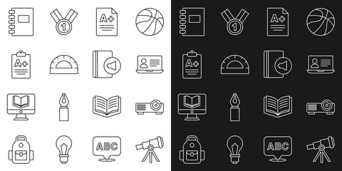 Set line Telescope, Movie, film, media projector, Online class, Exam sheet with A plus grade, Protractor grid, Spiral notebook and Audio icon. Vector