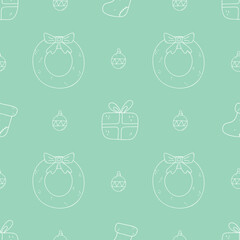 Cute seamless pattern. Doodle wreath, gift boxes, xmas bulb. Childish style. White outline. Christmas hand drawn elements.