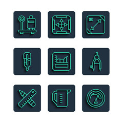 Set line Crossed ruler and pencil, Measuring cup, Speedometer, Diagonal measuring, Graph, schedule, chart, diagram, Medical thermometer, Scale with suitcase and Drawing compass icon. Vector