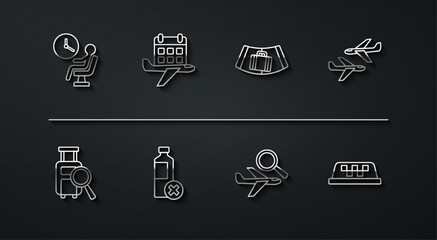 Set line Human waiting in airport terminal, Lost baggage, Plane, Airplane search, No water bottle, Calendar and airplane, Taxi car roof and Conveyor belt with suitcase icon. Vector