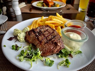 grilled steak with fries