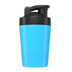 Blue plastic sport shaker for protein drink isolated on white background.