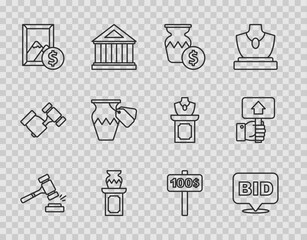 Set line Auction hammer, Bid, ancient vase, painting, Hand holding auction paddle and icon. Vector