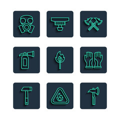 Set line Hammer, Fire flame in triangle, Firefighter axe, Burning match with fire, extinguisher, Gas mask and gloves icon. Vector