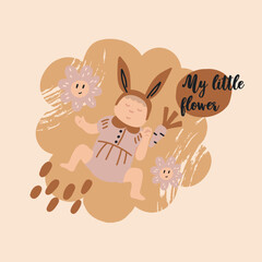 Sleeping newborn baby print with carrots and flowers. Baby Shower Nursery Scandinavian Boho illustration. Lettering My little flower. Flat bohemian vector on neutral background