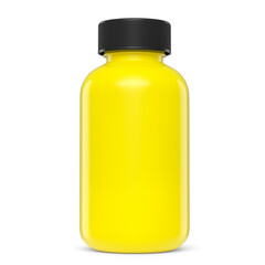 Yellow plastic jar for sport nutrition whey protein powder isolated on white