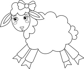 Lamb, Cute little sad sheep with a bow - vector linear picture for coloring. Outline. Sheep for children's coloring book