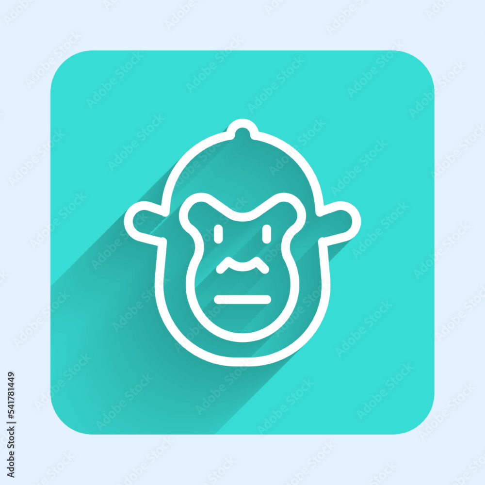 Poster white line monkey icon isolated with long shadow background. animal symbol. green square button. vec