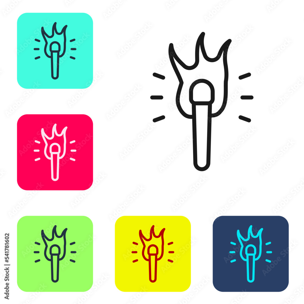 Poster black line torch flame icon isolated on white background. symbol fire hot, flame power, flaming and 