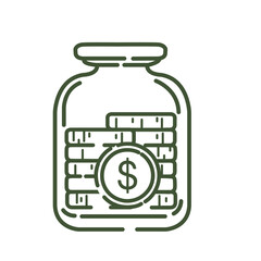 Golden coins with dollar symbol in glass jar green outline design vector illustration isolated on white background