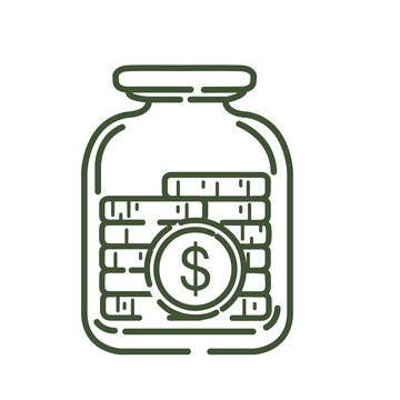 recommend clip art: Golden coins with dollar symbol in glass jar green outline design vector illustration isolated on white background