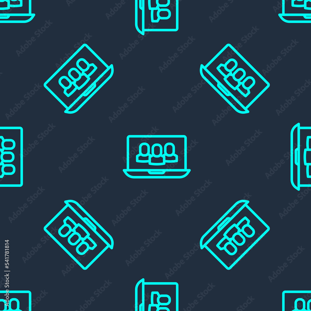 Poster green line video chat conference icon isolated seamless pattern on blue background. online meeting w