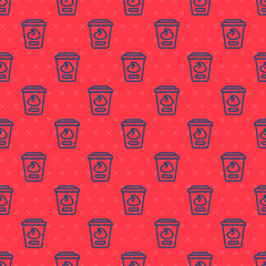 Blue line Yogurt container icon isolated seamless pattern on red background. Yogurt in plastic cup. Vector
