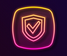 Fototapeta premium Glowing neon line Shield icon isolated on black background. Insurance concept. Guard sign. Security, safety, protection, privacy concept. Vector