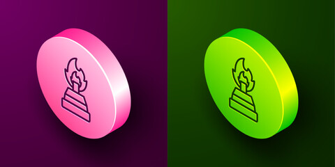Isometric line Alcohol or spirit burner icon isolated on purple and green background. Chemical equipment. Circle button. Vector