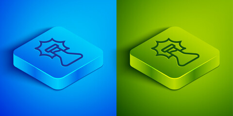 Isometric line Chemical experiment, explosion in the flask icon isolated on blue and green background. Chemical explosion in a test tube. Square button. Vector