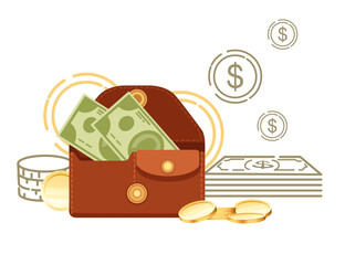 Brown leather wallet with paper currency US dollars vector illustration on white background
