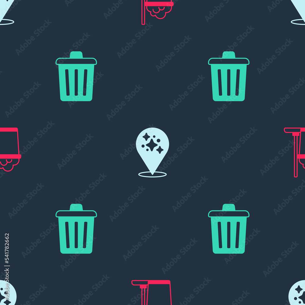 Poster set mop and bucket, home cleaning service and trash can on seamless pattern. vector
