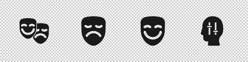 Set Comedy and tragedy masks, Drama theatrical, and Solution to problem icon. Vector