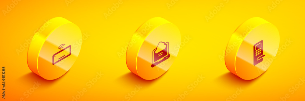Poster set isometric computer keyboard, network cloud connection and digital door lock icon. vector